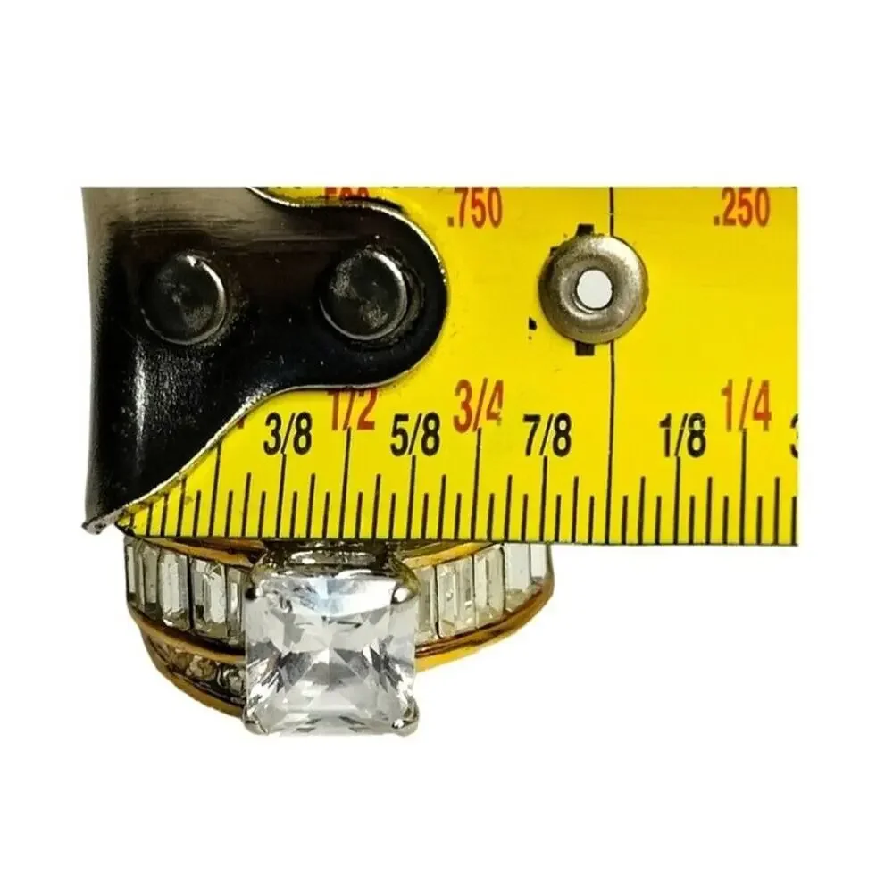 Gold Plated Ring Size 8 Baguette‎ Princess Cut Cubic Zirconia Stones Vtg Jewelry
